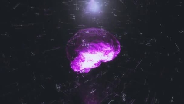 Nanotechnologie bei der Erforschung des menschlichen Körpers. Hologramm des menschlichen Gehirns in violetten Strahlen auf schwarzem Hintergrund. nahtlose Grafik, die sich um ihre Achse dreht, trendiger Hintergrund. 3D-Darstellung — Stockvideo