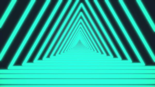 Tunnel di triangoli al neon generato al computer su uno sfondo nero costituito da strisce incrociate strette blu in movimento. Arte, commerciale e il concetto di business movimento sfondo. Rendering 3D video 4K . — Foto Stock