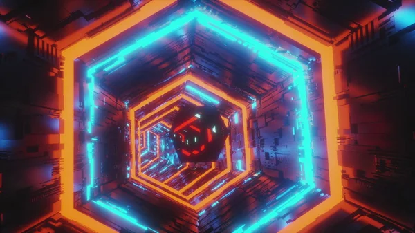 밝은 파란색과 빨간색 네온 빛의 육각 형 터널의 중심에 이동 하는 specular 보석의 추상 배경 모션 비디오입니다. 4k의 3D 렌더링 애니메이션. — 스톡 사진