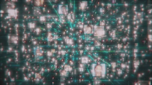Social network concept with a stream of unrecognizable people portraits in the internet on black space background, 3d rendering 4K footage — Stock Photo, Image