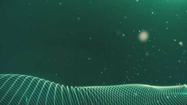 Curved lines on a green background with flickering particles. 3d loop abstract glow particle animation with depth of field, bokeh and light rays for abstract background. 3d rendering — 비디오