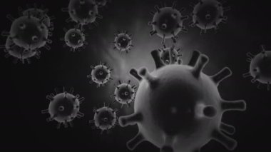 Kan damarlarındaki Coronavirus 2019-ncov 'un virüs hücreleri siyah zemin üzerinde yuvarlak gri hücreler olarak. Koronavirüs, Sars, Mers gibi tehlikeli virüs vakalarının animasyon konsepti. 3d görüntüleme 4k.