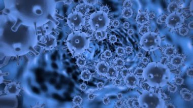 Patojenik koronavirüs 2019 ncov hücreleri, damarların arka planında yüzen mavi hücreler şeklinde kan damarları halinde. Canlandırılmış salgın virüsler konsepti. 4k videosunda 3d ağır çekim görüntüleniyor