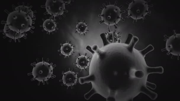 Cellules virales du coronavirus 2019-nCov dans les vaisseaux sanguins sous forme de cellules grises rondes sur fond noir. Concept animé de cas de souches virales dangereuses comme le coronavirus, le SRAS, le SRMO. rendu 3d vidéo 4K . — Video