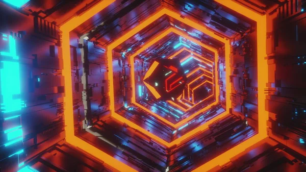 Vídeo abstracto en movimiento de fondo de una gema especular que se mueve en el centro del túnel hexágono de luces de neón de color azul brillante y rojo. animación de renderizado 3d en 4K . — Foto de Stock