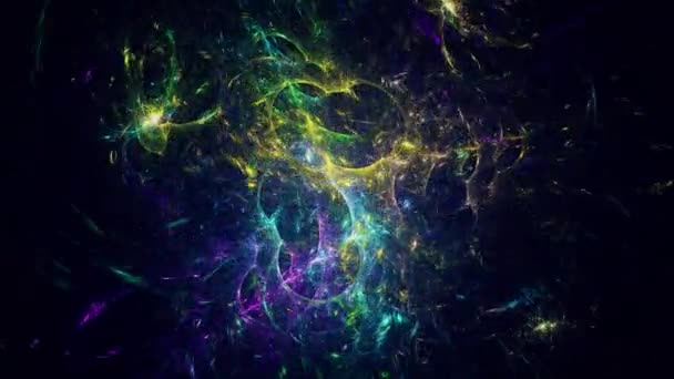 Animação fractal dinâmica moderna futurista de uma grande nebulosa voando no espaço com efeitos radiais de caos brilhante. Alta resolução de renderização 3d com escala multicolor. Animação fractal loop sem costura em 4k . — Vídeo de Stock