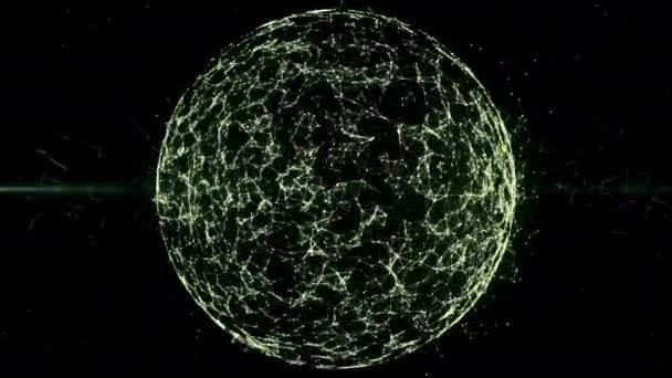 Abstract moving dots, lines and triangles are plexusing in a green rotating sphere on black space background. Concept of global finance communications and blockchain technology. 3d rendering 4K video. — 비디오