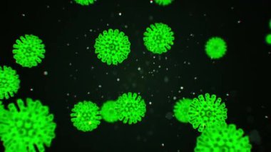 Siyah bir zemin üzerinde hareket eden mavi renkli küresel mikroorganizmalar olarak gösterilen enfekte kan hücrelerindeki Coronavirus 2019-nCoV patojen hücrelerinin soyut 3D modeli. Canlandırılmış 3D görüntüleme 4K video kapatma.