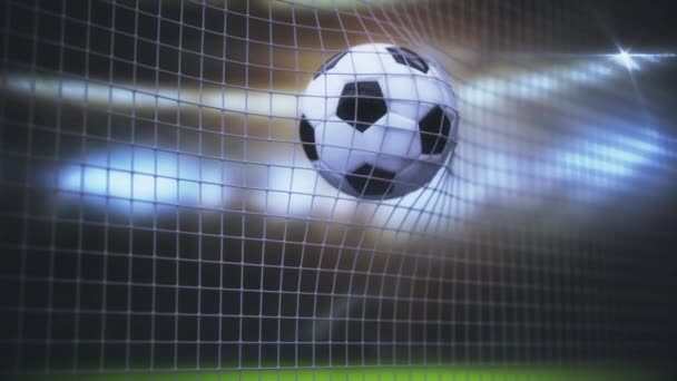 Tor fliegt vor dem Hintergrund von Tribünen und Kamerablitzern ein Fußball ins Tor. Animation von Sportspielen. 3D-Darstellung. — Stockvideo