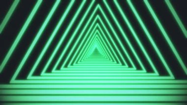 Siyah zemin üzerinde parlak turuncu neon çizgiler hareket üçgeni tüneli oluşturuyor. Soyut 3d görüntüleme 4k.