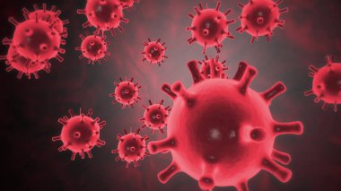Mikroskop altında mikrop kapmış organizmanın içindeki Coronavirus 2019-ncov patojeni siyah arka plandaki kırmızı renkli hücreler gibi. Salgına yol açan tehlikeli virüs vakaları. 4k videosunda 3D görüntüleme.