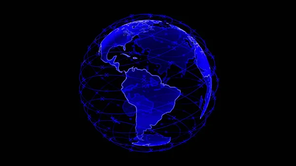 Глобальна мережа глобус даних Землі - абстрактні тривимірні рендерингові супутники starlink відеомережі, що з'єднують світ. супутники створюють один веб або небосхил навколо планети, що передає складні дані — стокове фото