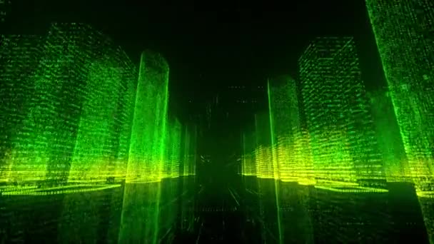 Moving through the green and yellow colored model of abstract digital city contained of random numbers and grids on black background. Business, communications or digital tech concept. 3d rendering 4k — Stock Video