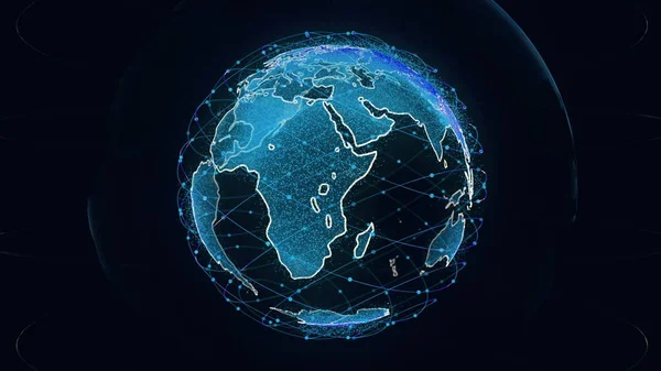 全球网络连接世界抽象三维渲染卫星星联.卫星在行星周围形成了一个网络或天桥，传送着复杂的大数据，充斥着现代数字技术 — 图库照片