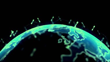 Soyut 3D görüntüleme uyduları yıldız bağlantı ağı, dijital dünya veri küresi - dünyayı birbirine bağlar. Uydular gezegeni çevreleyen bir ağ ya da gökyüzü köprüsü oluşturur. Karmaşıklık taşıyan büyük veriler taşar.