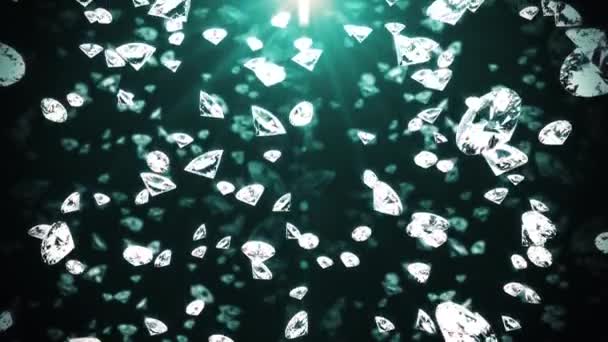 Fundo abstrato com cristais de pedras preciosas ou diamantes caindo lentamente. Brilhantes estão caindo no fundo azul e brilhando de todas as bordas em raios de sol. animação 3d renderização sem costura loop 4k vídeo . — Vídeo de Stock
