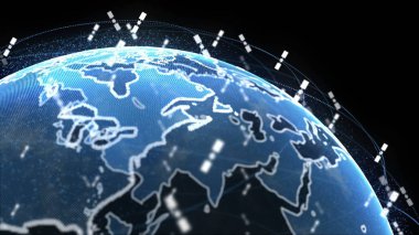 4k siyah arka plan 3d render kavram animasyon telekomünikasyon uyduları küresel bir sistem tarafından kablosuz internet veri wifi bağlantısı