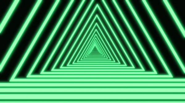 Bright red neon lines on black background are forming motion triangle tunnel. Abstract backdrop 3D rendering 4k video. — ストック写真