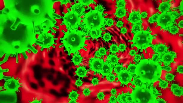 As células patogênicas do coronavírus 2019-nCov estão se movendo nos vasos sanguíneos do organismo infectado na forma de células verdes flutuando no fundo das paredes vermelhas do vaso. 3D renderização em câmera lenta em 4K — Vídeo de Stock