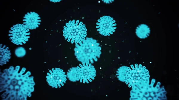 Virus celler av coronavirus 2019-nCov i blodkärl som azure färgceller på svart bakgrund. Animerade koncept för farliga virusstammar som coronavirus, sars, MS. 3D-återgivning av 4K-video. — Stockfoto