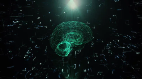 Un holograma rotatorio del cerebro. Fondo geométrico abstracto con líneas móviles, puntos y triángulos. Exploración de anatomía científica del cerebro humano. 3d renderizar —  Fotos de Stock