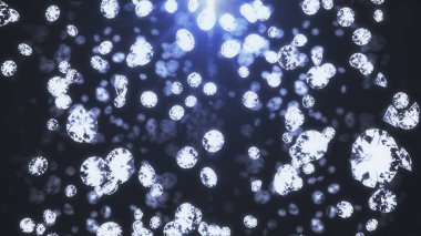 Abstract backdrop with slowly falling diamonds or gem crystals. Brilliants are falling on blue background shining in sunhine rays. Animated 3d rendering seamless loop 4K video.