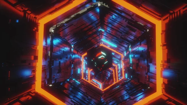 Abstraite vidéo de mouvement de fond d'un joyau spéculaire se déplaçant au centre du tunnel hexagonal de lumières néons bleu vif et rouge. Animation de rendu 3d en 4K . — Photo