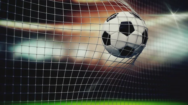 Slow motion of a soccer ball flying into the net. 3D animation closeup sports concept. 3d rendering — Stock Photo, Image