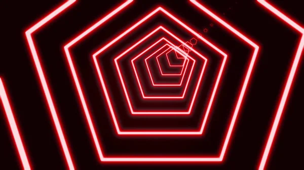 Tunnel astratto di pentagoni al neon azzurri su fondo nero formato da linee intersecanti di colore brillante. Arte, commerciale e il concetto di business movimento sfondo. Rendering 3D video 4K . — Foto Stock