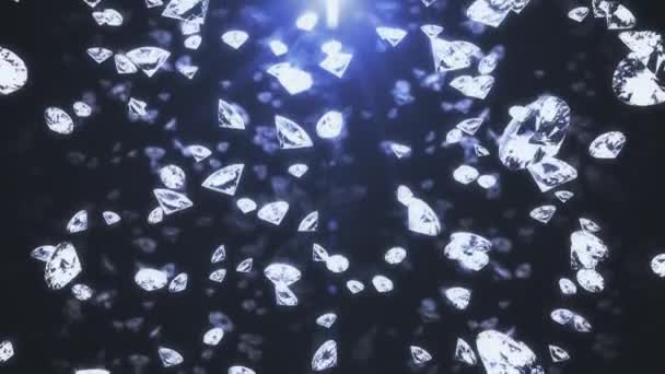 Abstract backdrop with slowly falling diamonds or gem crystals. Brilliants are falling on blue background shining in sunhine rays. Animated 3d rendering seamless loop 4K video. — Wideo stockowe