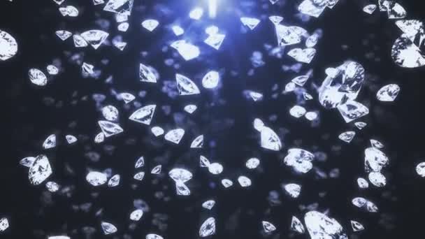 Abstract backdrop with slowly falling diamonds or gem crystals. Brilliants are falling on blue background shining in sunhine rays. Animated 3d rendering seamless loop 4K video. — Stock Video