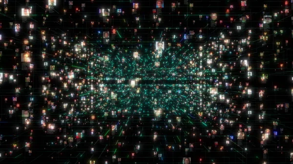 Social network people connection greed. Big data concept, flood of unrecognizable people connect on the internet, 3d rendering nodes transforming — Stock Photo, Image