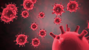 Mikroskop altında mikrop kapmış organizmanın içindeki Coronavirus 2019-ncov patojeni siyah arka plandaki kırmızı renkli hücreler gibi. Salgına yol açan tehlikeli virüs vakaları. 4k videosunda 3D görüntüleme.