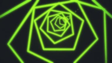Renkli turuncu çizgiler siyah arkaplanda neon beşgen tüneli oluşturuyor. Sanat, ticari ve ticari konsept, dar neon çizgilerin hareket arka planı. 3d görüntüleme 4k.