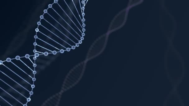 Abstraktní modrá třpytivá DNA s hloubkou pole. Animace konstrukce DNA z debriises 3D vykreslování. Vědecká animace. Genom futuristický záběr. Koncepční návrh genetiky — Stock video