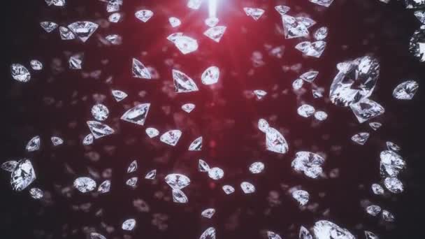 Kristaller som skiner i strålar av ljus faller på en blå bakgrund. 3D-återgivning. Grunt skärpedjup. Mode bakgrund. — Stockvideo