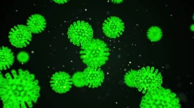 Siyah bir zemin üzerinde hareket eden mavi renkli küresel mikroorganizmalar olarak gösterilen enfekte kan hücrelerindeki Coronavirus 2019-nCoV patojen hücrelerinin soyut 3D modeli. Canlandırılmış 3D görüntüleme 4K video kapatma.