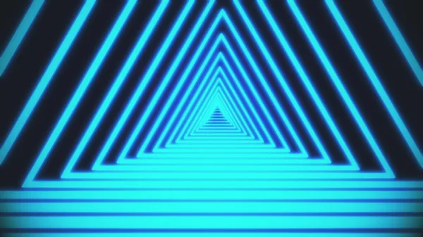 Kolorowe pomarańczowe linie przecinają i tworzą neonowy trójkątny tunel na czarnym tle. Koncepcja sztuki, reklamy i biznesu tło ruchu wąskiego neonu skrzyżowane paski. 3d renderowanie wideo 4k. — Zdjęcie stockowe