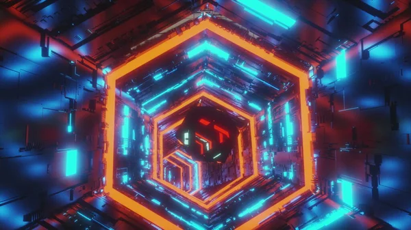 明るい青と赤のネオンライトの六角形トンネルの中心に移動するスペキュラ宝石の抽象的な背景モーションビデオ。4k での 3D レンダリング アニメーション. — ストック写真
