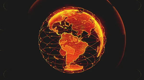 Цифровий глобус даних Землі - абстрактна мережа 3D рендеринга супутників по всьому світу. науково-технологічні супутники зв'язку створюють один веб або небо міст навколо планети Земля передає — стокове фото