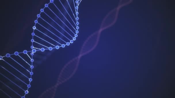 Abstrait ADN scintillant bleu double hélice avec profondeur de champ. Animation de la construction de l'ADN à partir de débrises rendu 3D. Animation scientifique. Des images futuristes du génome. Conception conceptuelle de la génétique — Video