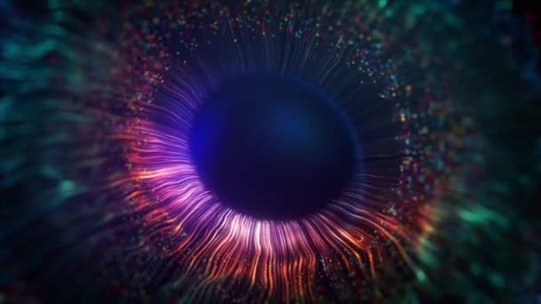 Human multicolored iris of the eye animation concept. Rainbow lines after a flash scatter out of a bright white circle and forming volumetric a human eye iris and pupil. 3d rendering background in 4K. — Stock Video