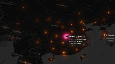 Coronavirus COVID 19 salgınının Çin 'deki Wuhan' dan tüm dünyaya yayılmasının animasyon haritası. İçinde istatistik verileri olan turuncu renkli şehirlerin olduğu karanlık bir harita. 4K içerisindeki 3d canlandırma kavramı.