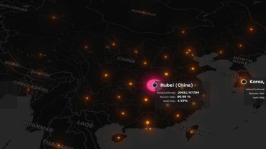 Animated map of spreading of the coronavirus COVID 19 pandemic from wuhan in china across the world. Dark map with orange colored cities with statistics data. 3d rendering concept background in 4K. clipart
