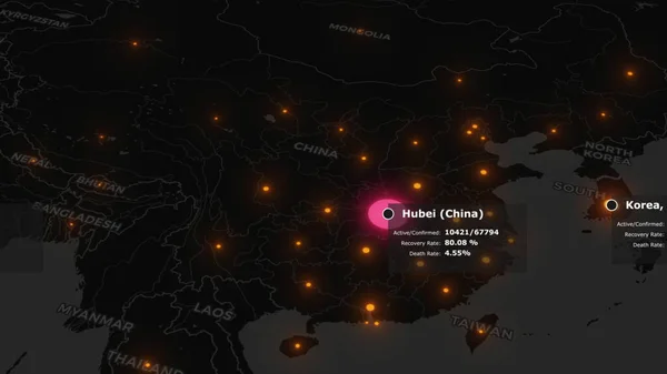 从中国武汉市向全世界传播柯维达19大流行病的生动地图。带有橙色城市的深色地图，有统计数据。4K中3D渲染概念背景. — 图库照片
