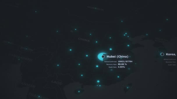 La pandemia de coronavirus COVID19 se propaga desde wuhan en China sobre tierras continentales negras con puntos azules de ciudades infectadas y datos de estadísticas de salud. Mundo mapa concepto 3d renderizado animación 4K fondo . — Vídeos de Stock