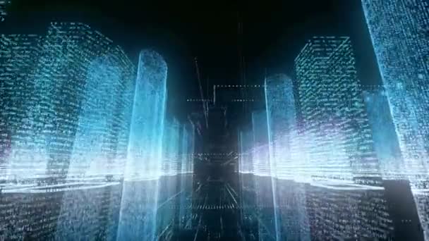 Αφηρημένη λαμπερή πόλη wireframe σε φωτεινά μπλε και λευκά χρώματα αποτελούνται από σωματίδια που συνδέονται σε γραμμές και βουνά. Ιστορικό έννοιας ψηφιακής τεχνολογίας και επικοινωνίας. 3D απόδοση 4k βίντεο. — Αρχείο Βίντεο