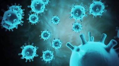 Siyah bir zemin üzerinde hareket eden mavi renkli küresel mikroorganizmalar olarak gösterilen enfekte kan hücrelerindeki Coronavirus 2019-nCoV patojen hücrelerinin soyut 3D modeli. Canlandırılmış 3D görüntüleme 4K video kapatma.