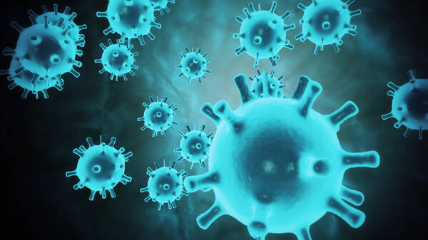 Abstract 3d model of coronavirus 2019-nCoV pathogen cells in infected blood shown as azure colored spherical microorganisms moving on a black background. Animated 3d rendering close up 4K video.