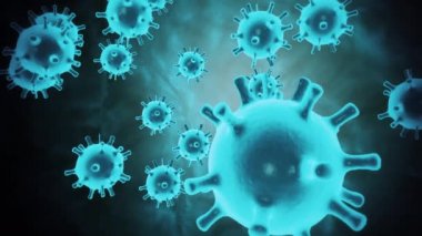 Siyah bir zemin üzerinde hareket eden mavi renkli küresel mikroorganizmalar olarak gösterilen enfekte kan hücrelerindeki Coronavirus 2019-nCoV patojen hücrelerinin soyut 3D modeli. Canlandırılmış 3D görüntüleme 4K video kapatma.